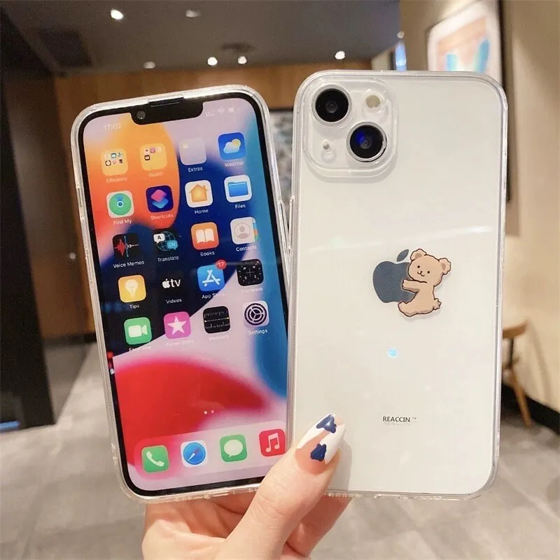 Cute Clear Transparent Brown Kawaii Cartoon Bear Protective Shockproof Anti-Fall iPhone Case for iPhone 11 12 13 14 15 Plus Pro Max