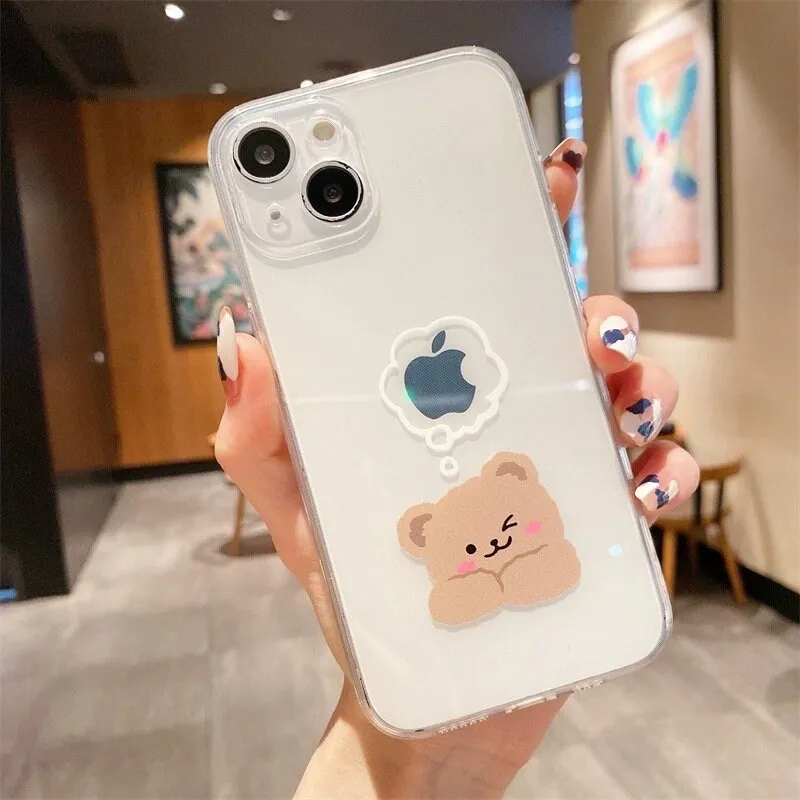 Cute Clear Transparent Brown Kawaii Cartoon Bear Protective Shockproof Anti-Fall iPhone Case for iPhone 11 12 13 14 15 Plus Pro Max