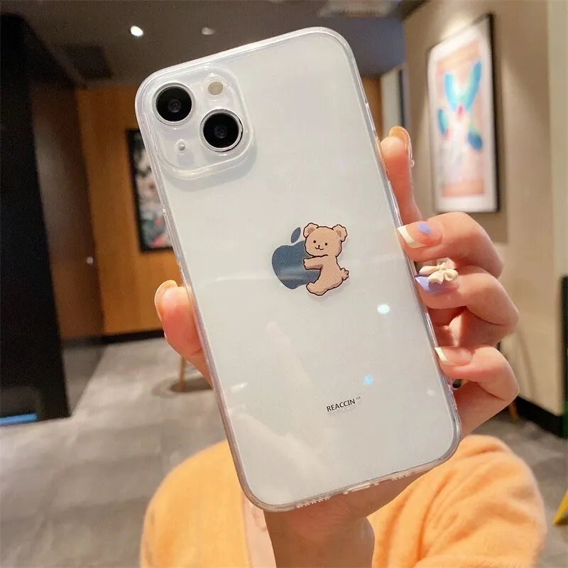 Cute Clear Transparent Brown Kawaii Cartoon Bear Protective Shockproof Anti-Fall iPhone Case for iPhone 11 12 13 14 15 Plus Pro Max