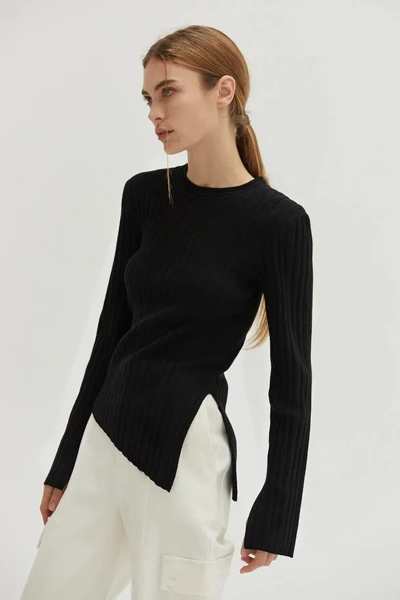 Danielle Rib Knit Asymmetric Hem Top Black