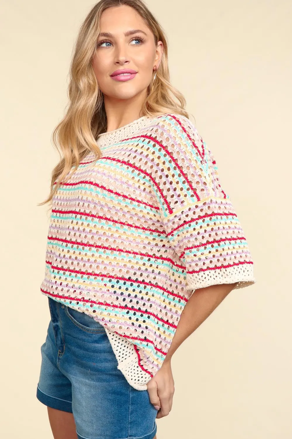 DOORBUSTER: Multi Stripe Crochet Sweater Top - Rainbow