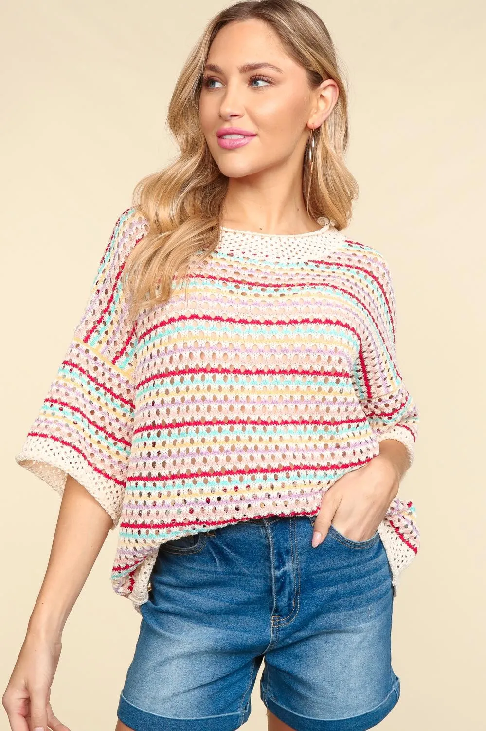 DOORBUSTER: Multi Stripe Crochet Sweater Top - Rainbow