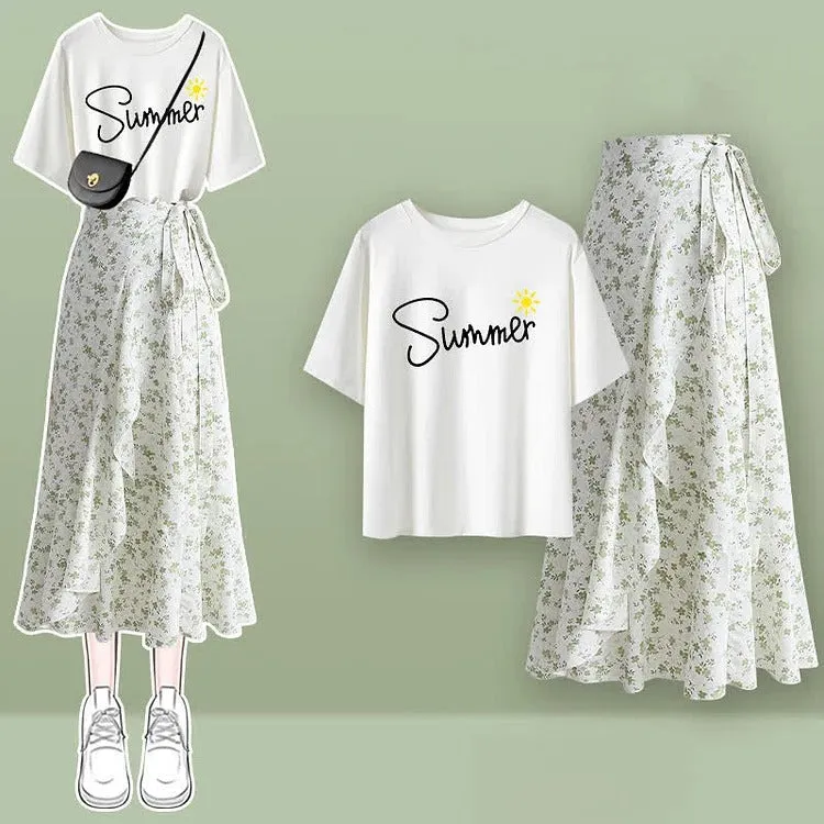 Elegant Puff Sleeve Collar Lapel T-Shirt and Floral Print Skirt Set