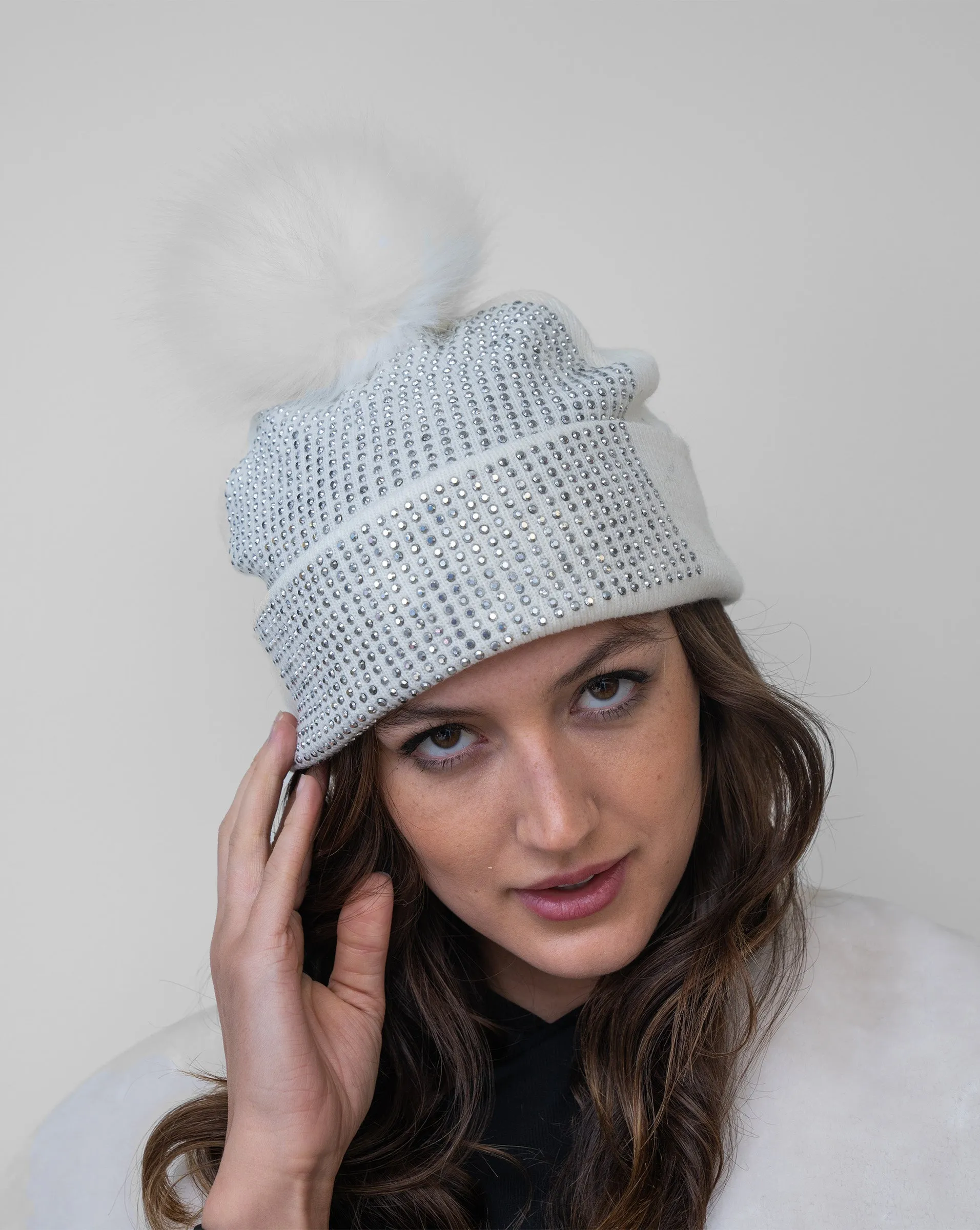 FINAL SALE - Crystal Beanie Hat with Faux Fur Pom-Pom