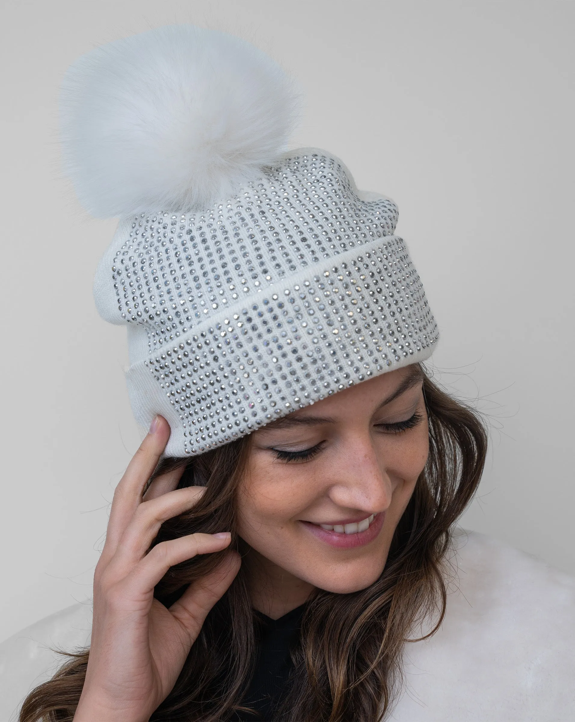 FINAL SALE - Crystal Beanie Hat with Faux Fur Pom-Pom