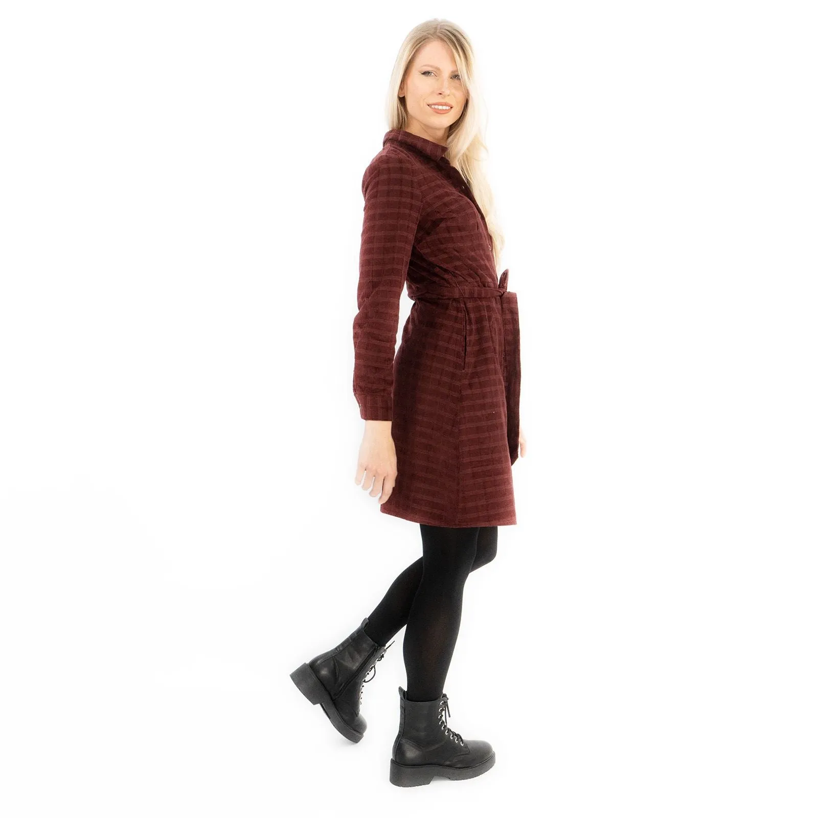 Fine Corduroy Red Wine Cord Long Sleeve Women's Shirt Dress