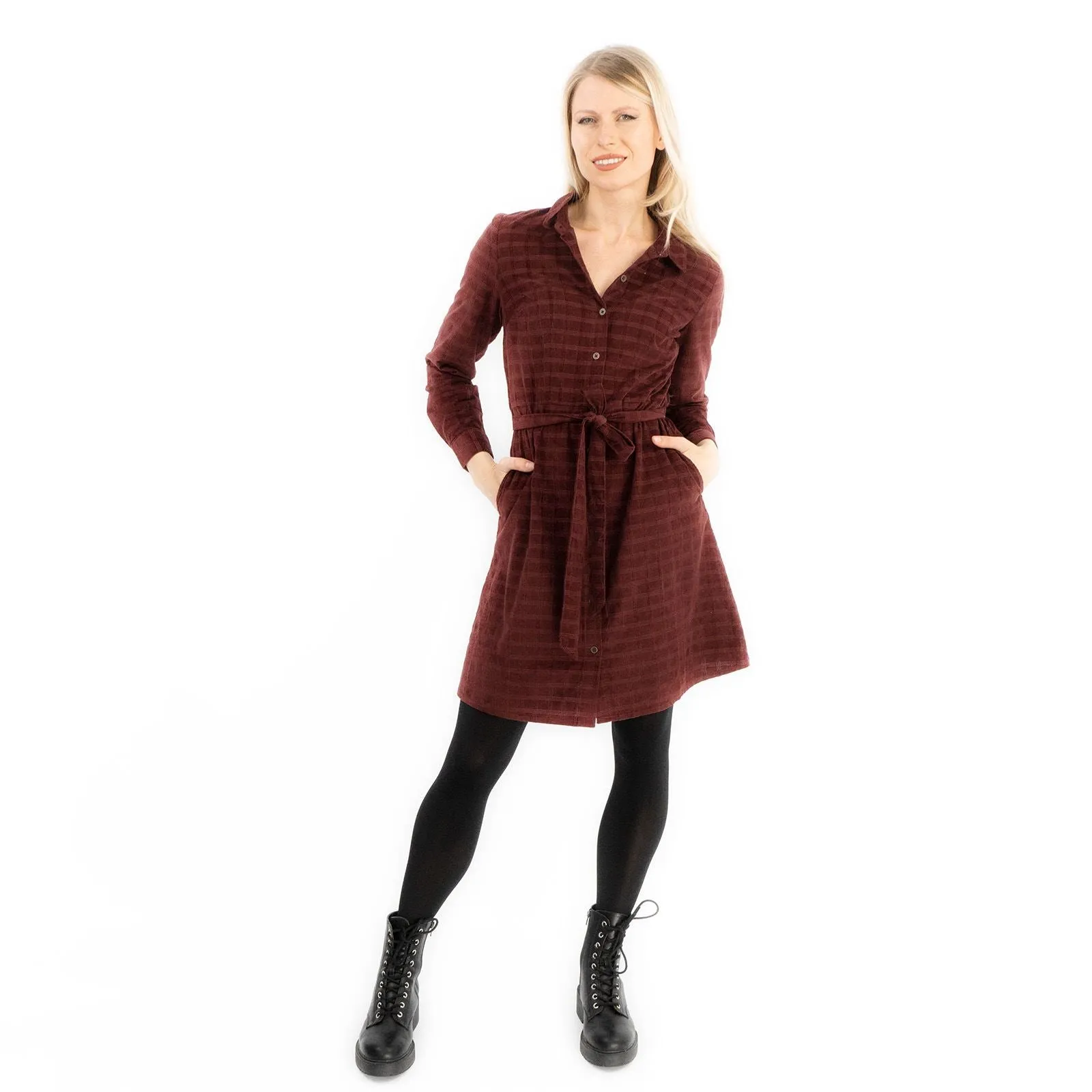 Fine Corduroy Red Wine Cord Long Sleeve Women's Shirt Dress