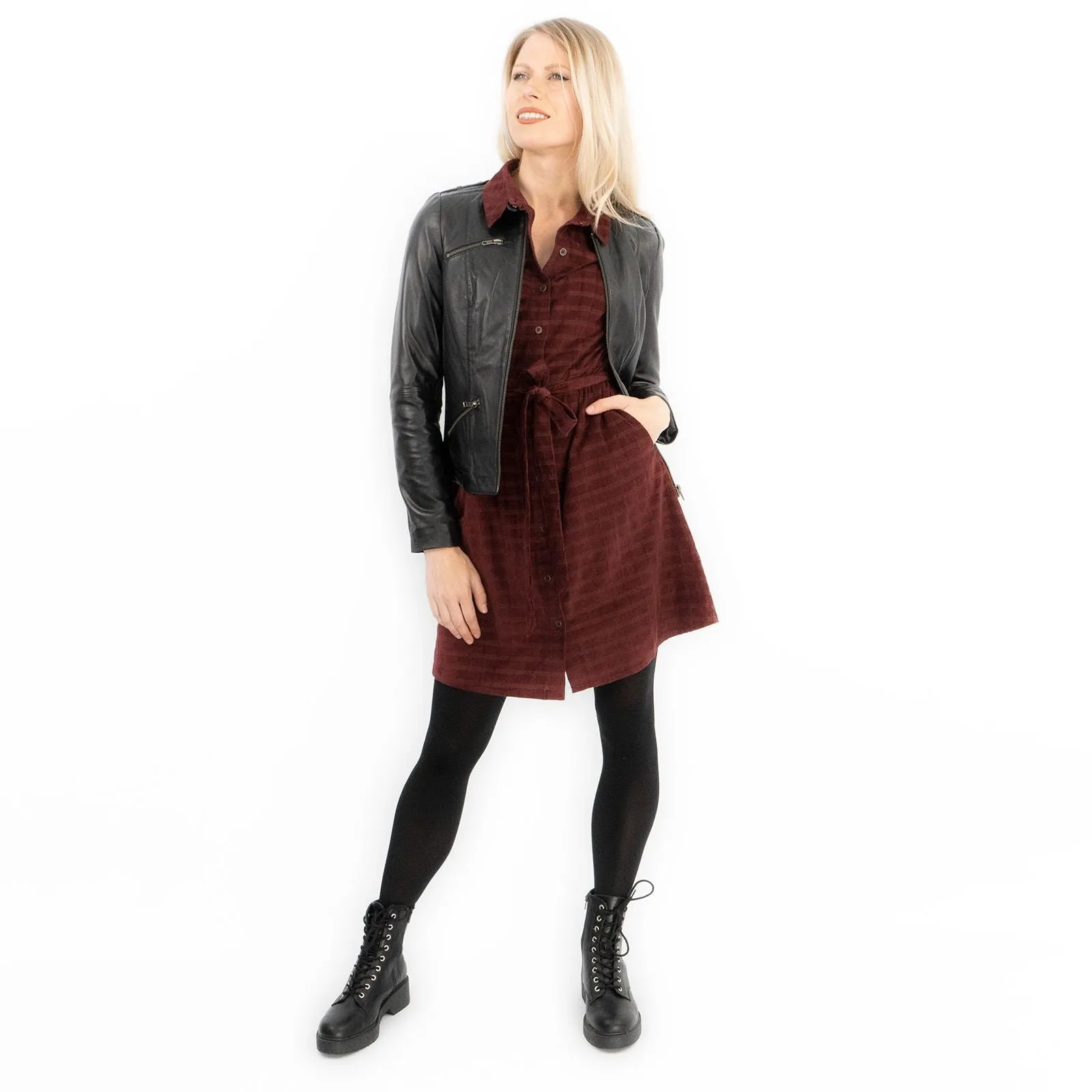 Fine Corduroy Red Wine Cord Long Sleeve Women's Shirt Dress