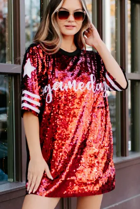 Gameday Glam Sequin T-Shirt Dress (Red/White)