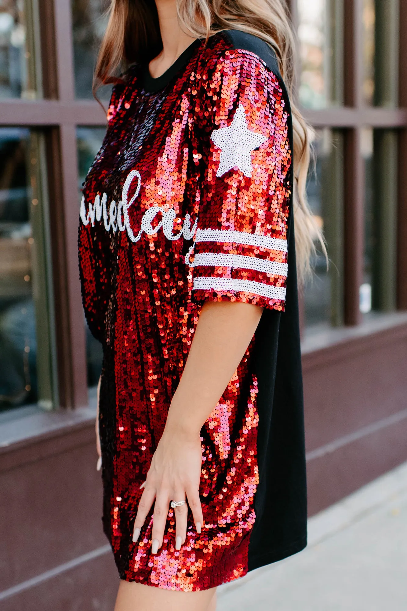 Gameday Glam Sequin T-Shirt Dress (Red/White)