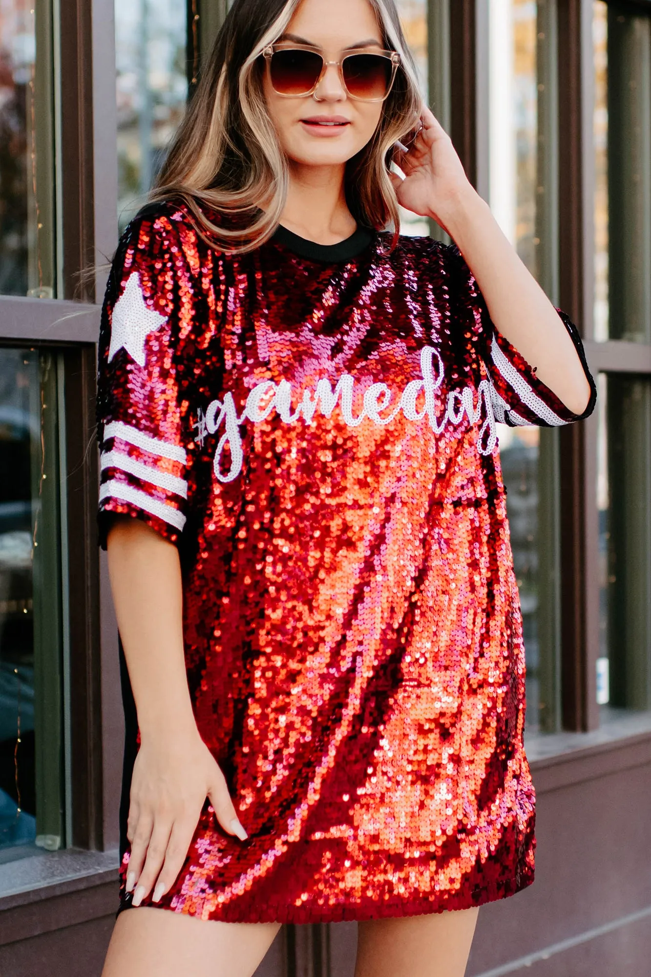 Gameday Glam Sequin T-Shirt Dress (Red/White)