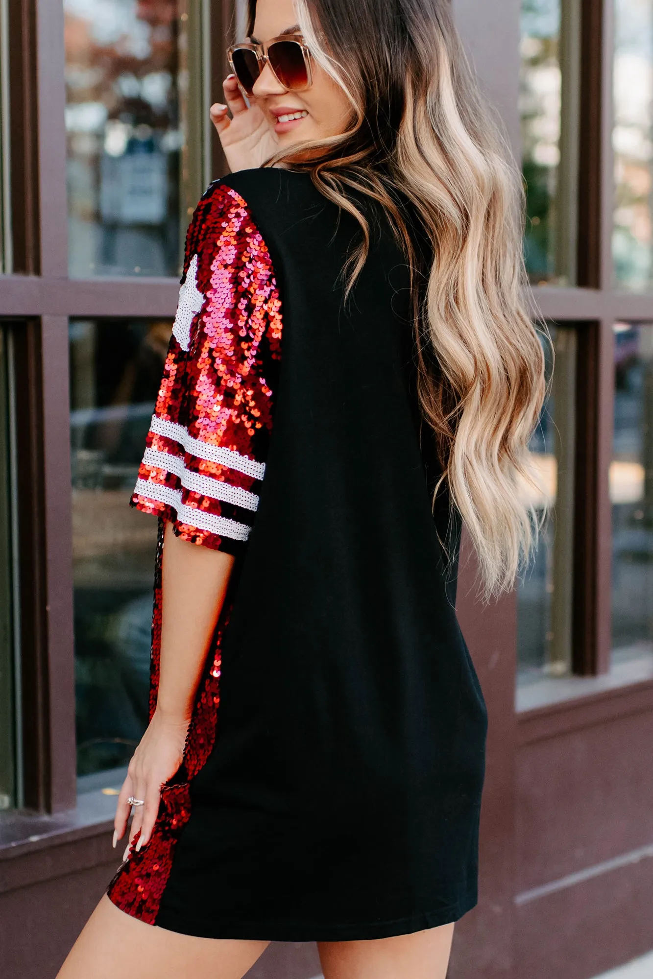 Gameday Glam Sequin T-Shirt Dress (Red/White)