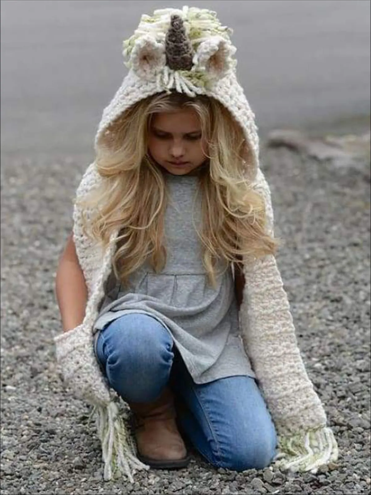 Girls Knitted Unicorn Beanie Hat with Scarf