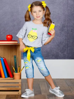 Girls Study Lemon Applique Tunic And Belted Capri Jeans Set