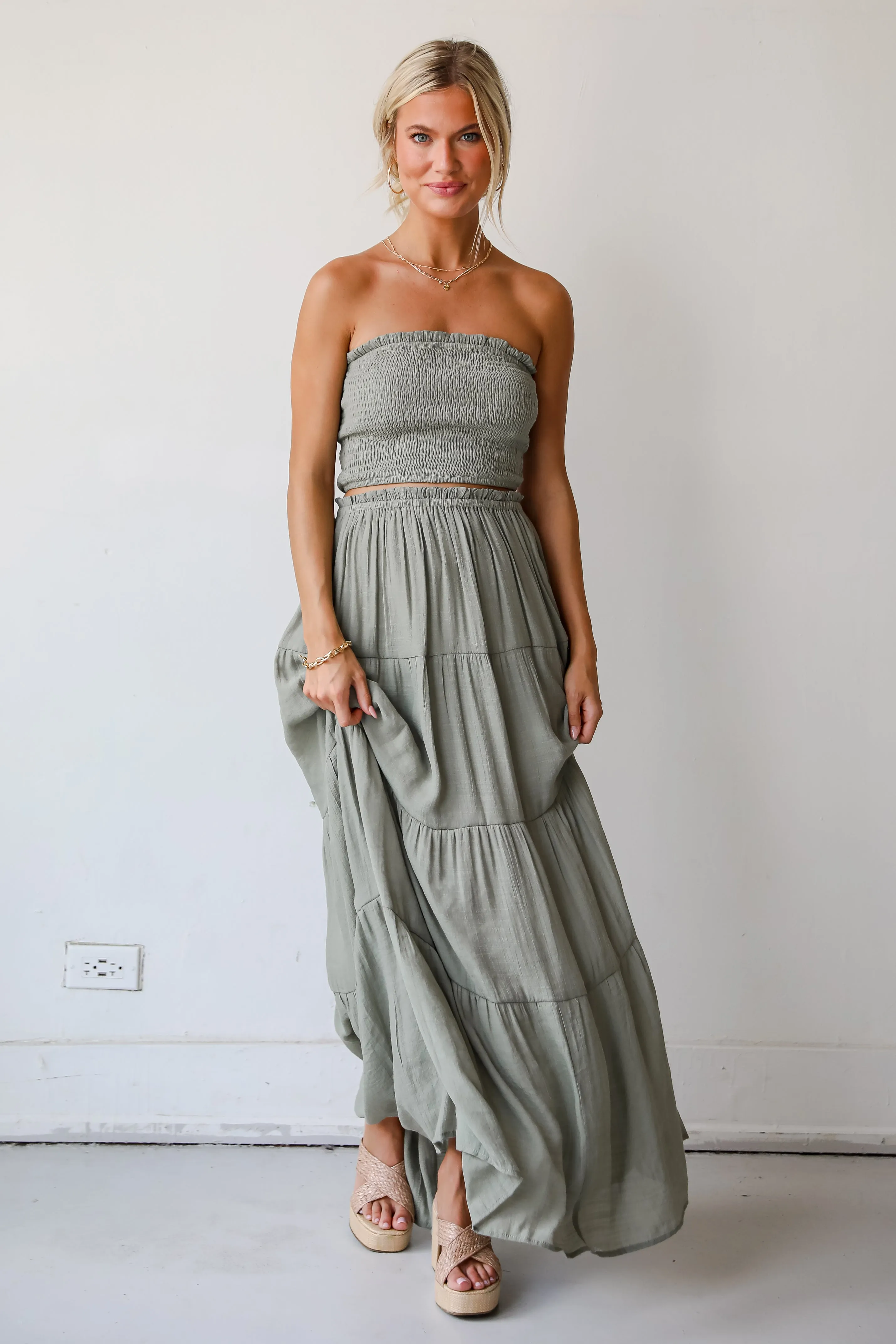 Goddess Vibes Light Olive Tiered Maxi Skirt - DU DEAL