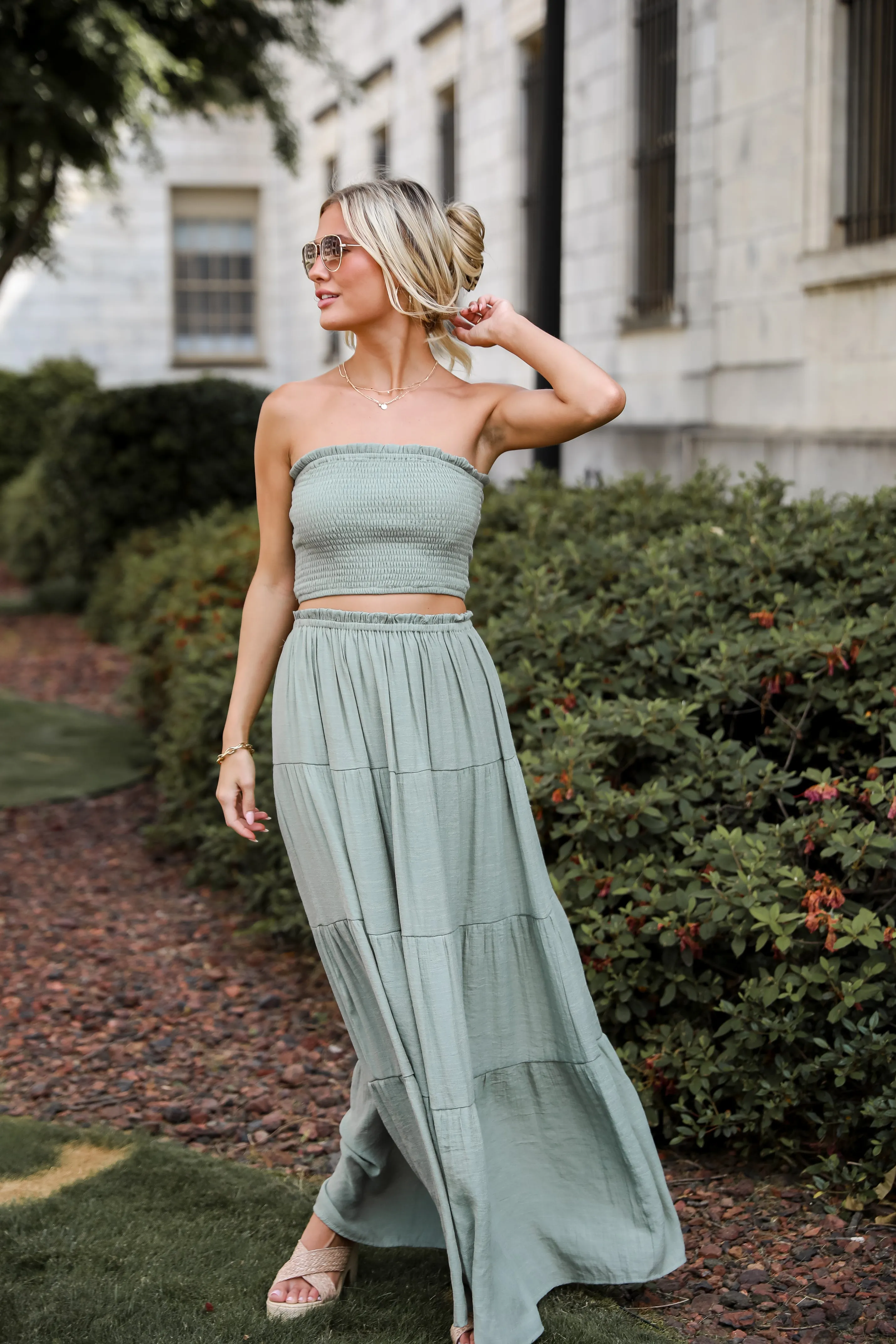 Goddess Vibes Light Olive Tiered Maxi Skirt - DU DEAL