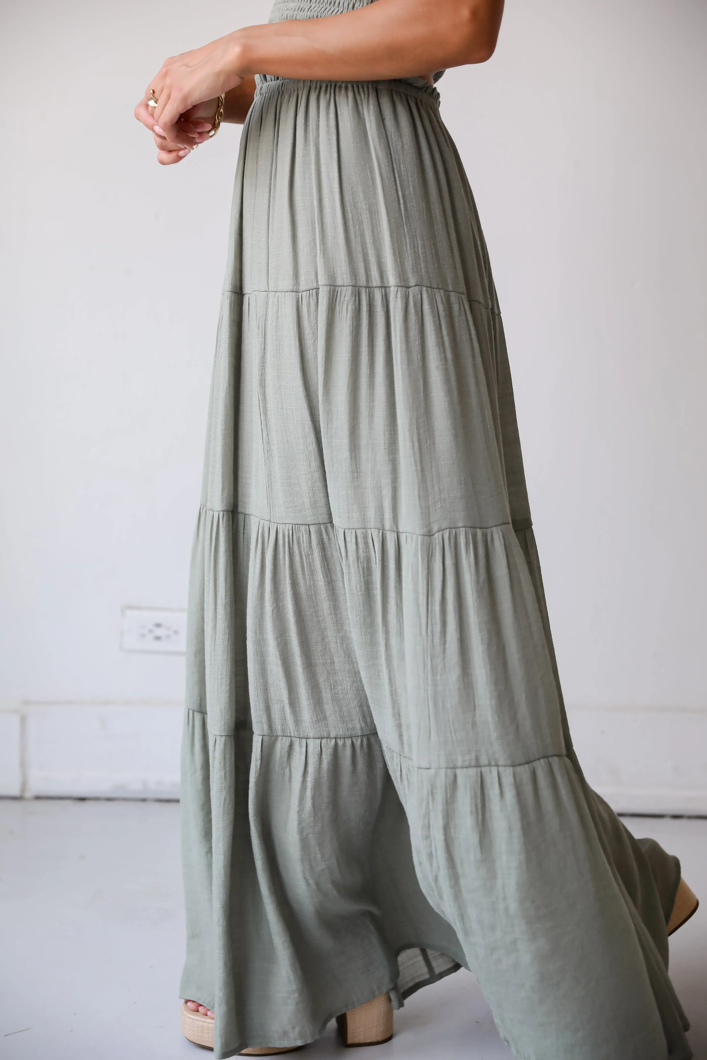 Goddess Vibes Light Olive Tiered Maxi Skirt - DU DEAL