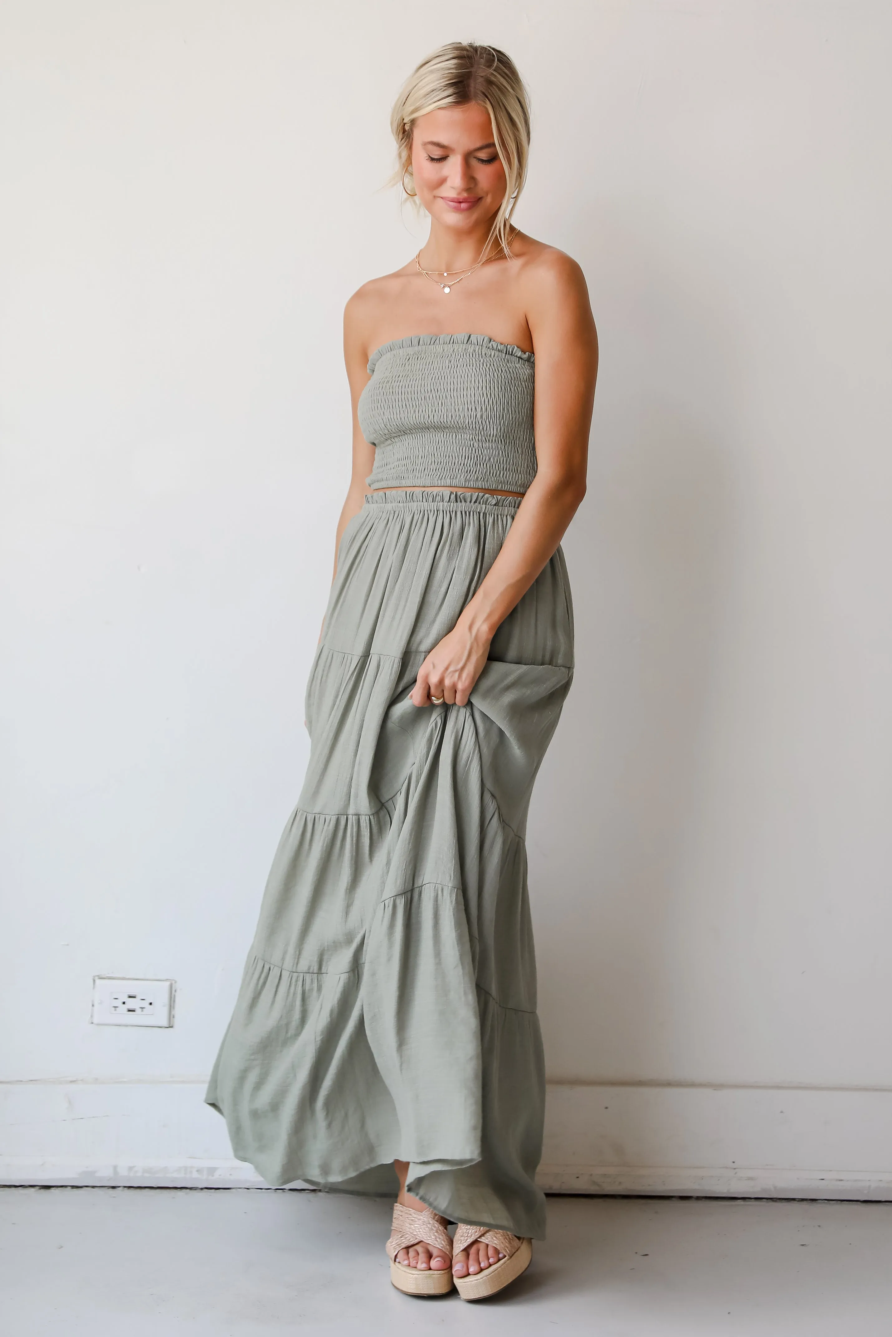 Goddess Vibes Light Olive Tiered Maxi Skirt - DU DEAL