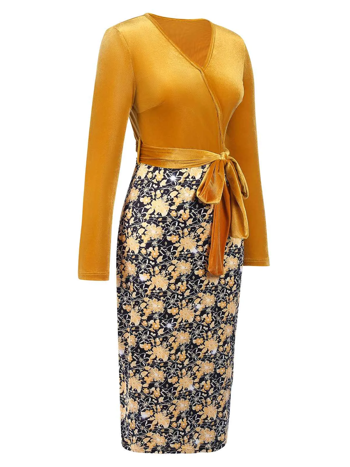 Gold 1960s Floral Patchwork Wrap Belted Dress