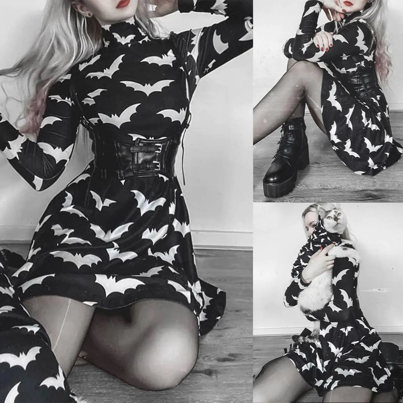 Gothic Black Bat Printed Turtleneck Dress, Beautiful Long Sleeve Vestidos For Women