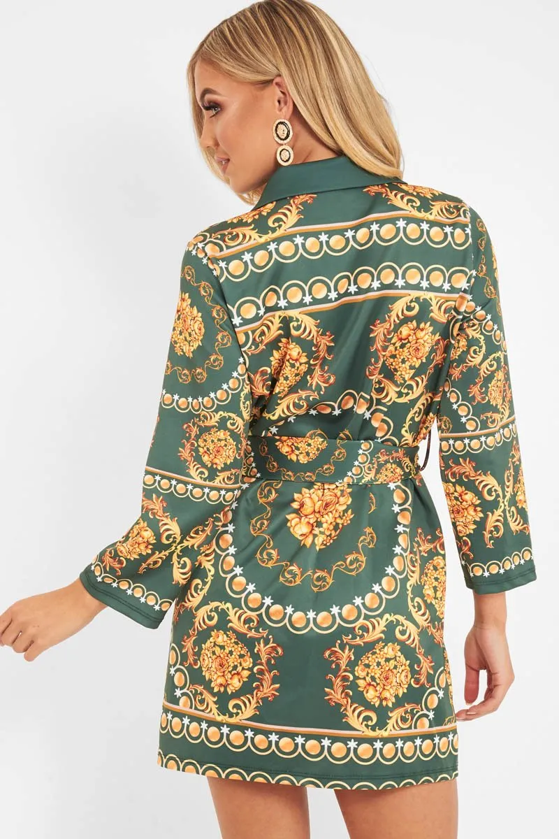 Green Gold Chain Print Belted Shirt Dress - Estie