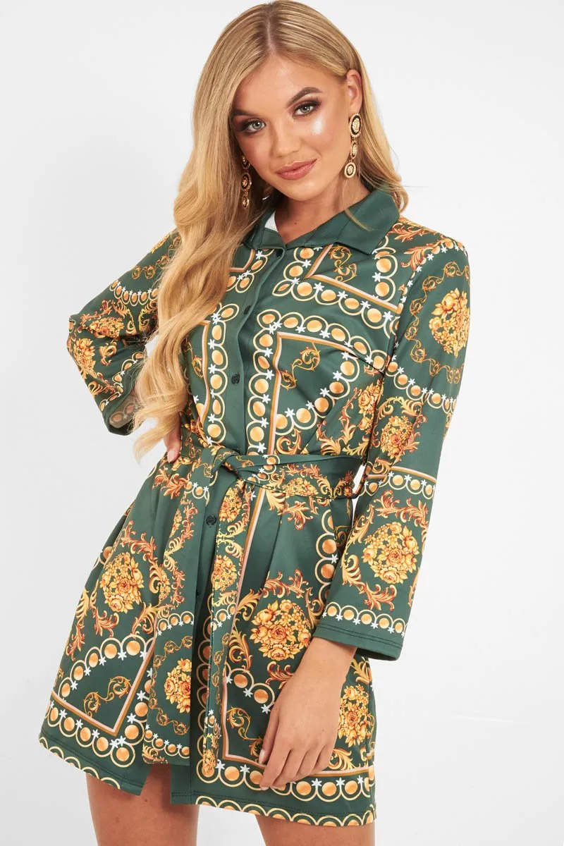 Green Gold Chain Print Belted Shirt Dress - Estie