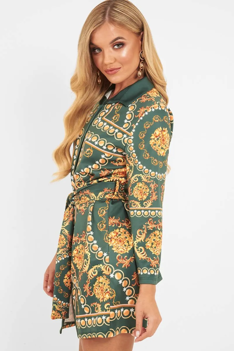 Green Gold Chain Print Belted Shirt Dress - Estie