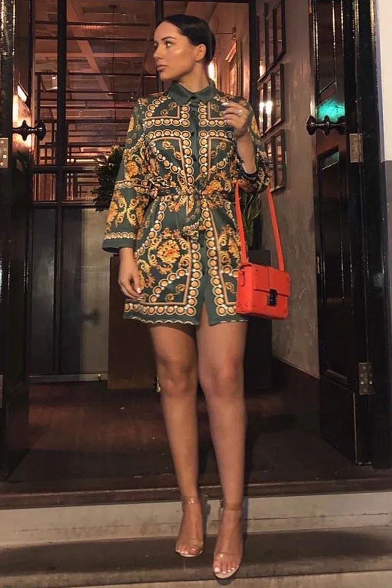 Green Gold Chain Print Belted Shirt Dress - Estie