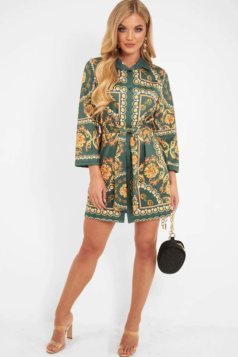 Green Gold Chain Print Belted Shirt Dress - Estie