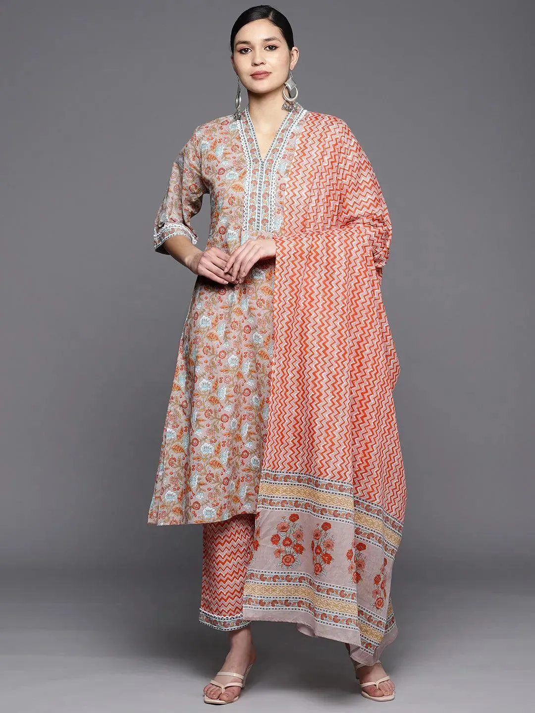 Grey Printed Cotton A-Line Kurta With Trousers & Dupatta