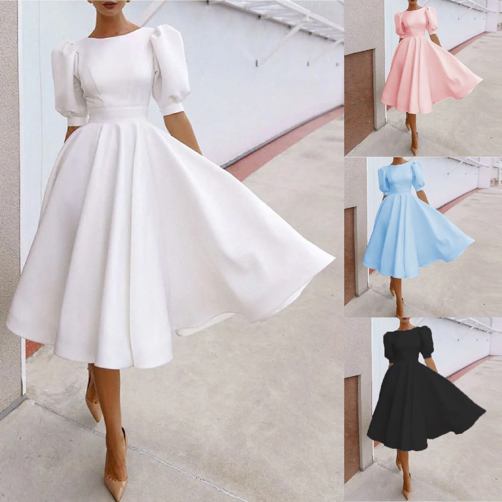 Half puff sleeves large swing flare midi dress spring summer party dress