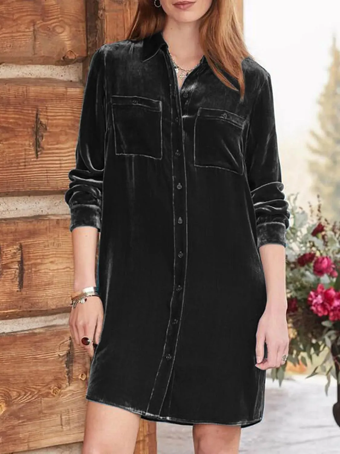 High-Low Button Up Long Sleeve Knee Length Dress