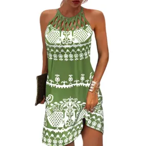 JuliaFashion - 2024 Women's Elegant Round Neck Vintage Cutout Neck Sleeveless Halter Print Dress