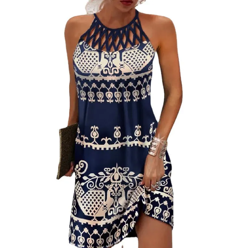 JuliaFashion - 2024 Women's Elegant Round Neck Vintage Cutout Neck Sleeveless Halter Print Dress