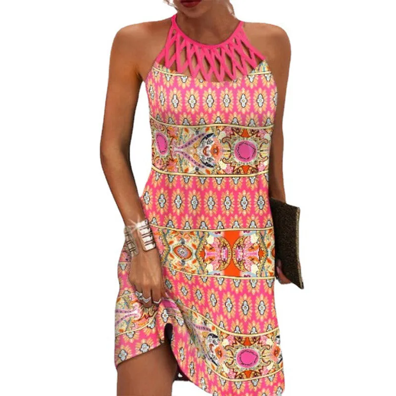 JuliaFashion - 2024 Women's Elegant Round Neck Vintage Cutout Neck Sleeveless Halter Print Dress