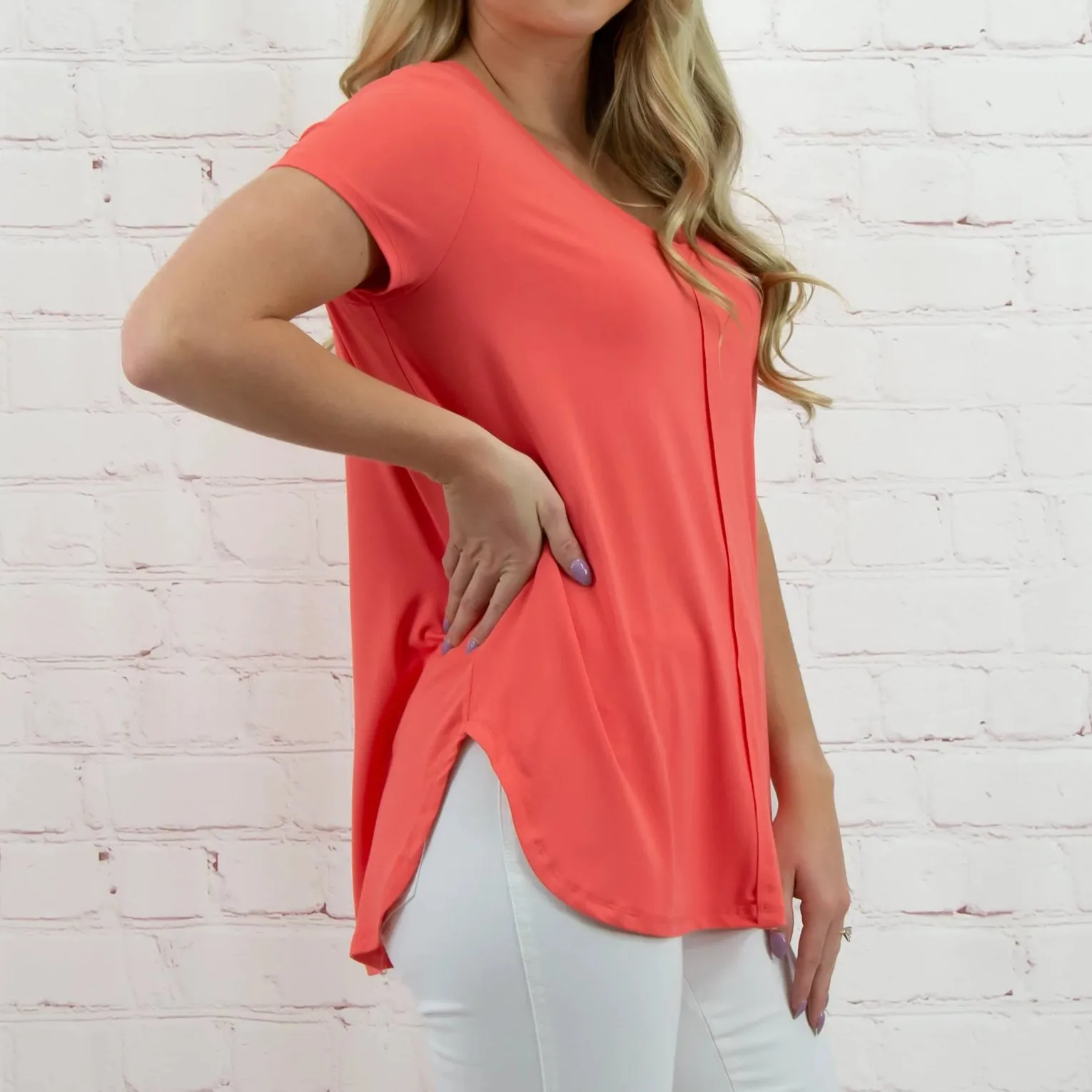 Knit V-Neck Top in Coral