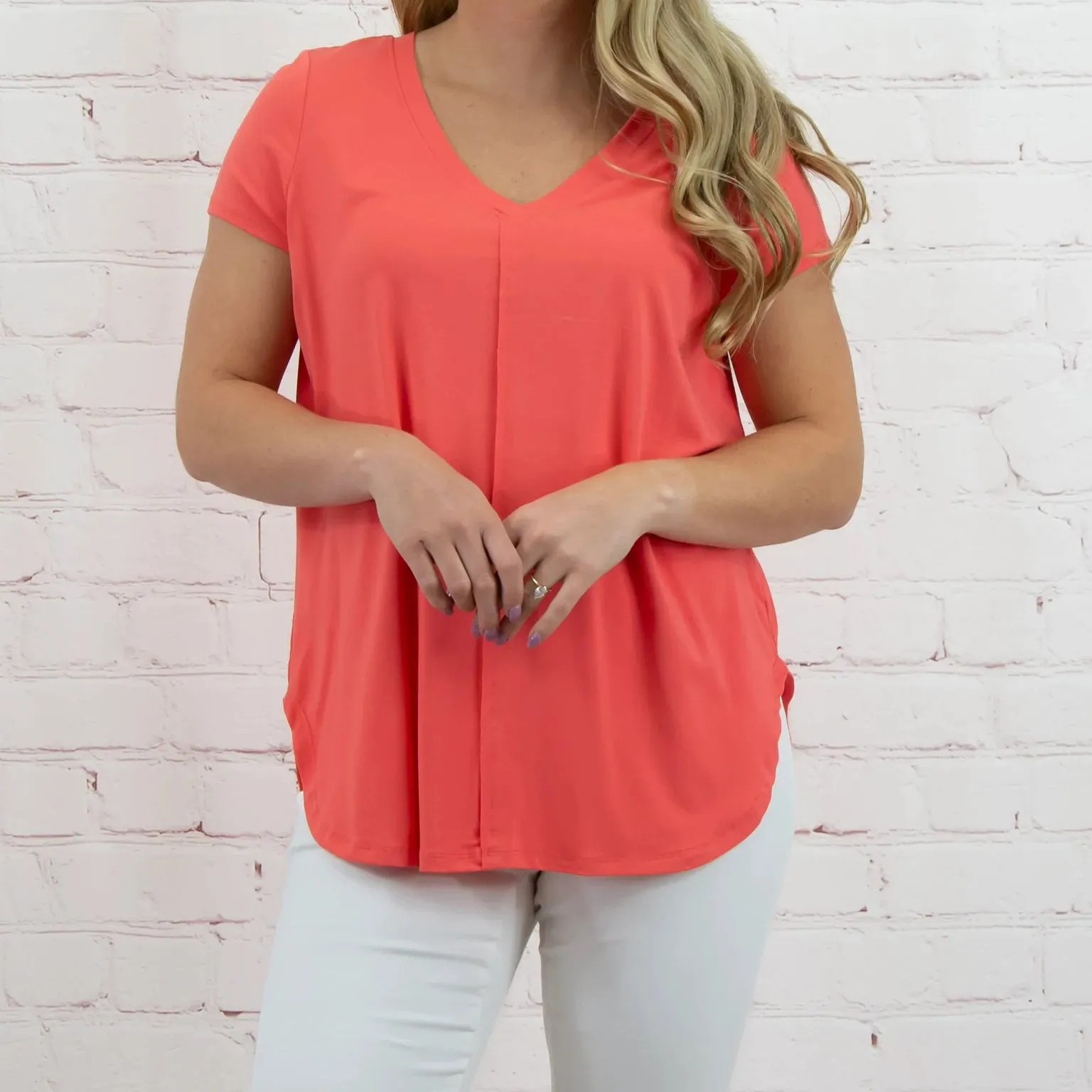 Knit V-Neck Top in Coral