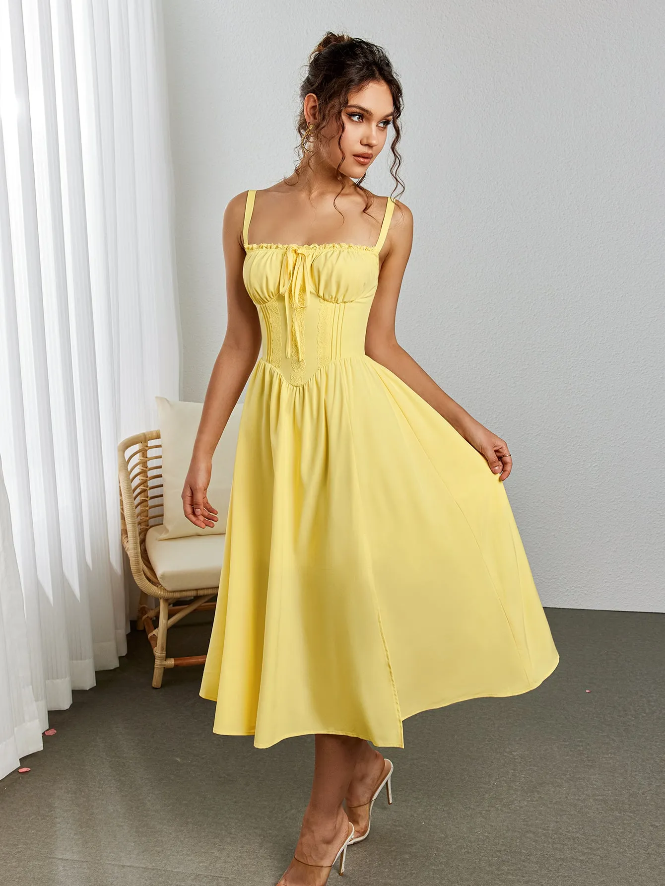 Lace Trim Tie Front Split Thigh Cami Dress