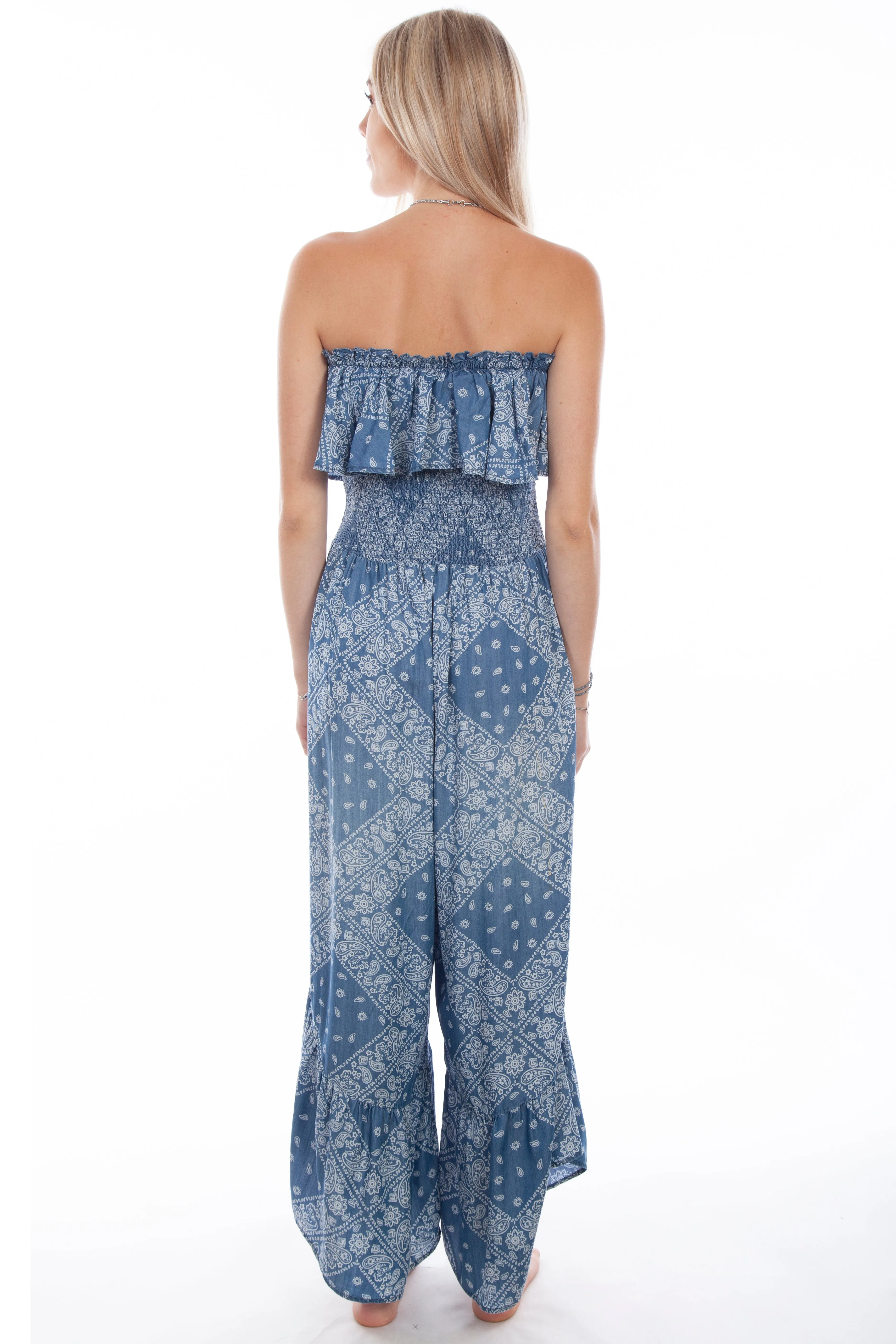 Ladies Bandana Paisley Printed Light Blue Jumpsuit by Scully at Bourbon Cowgirl