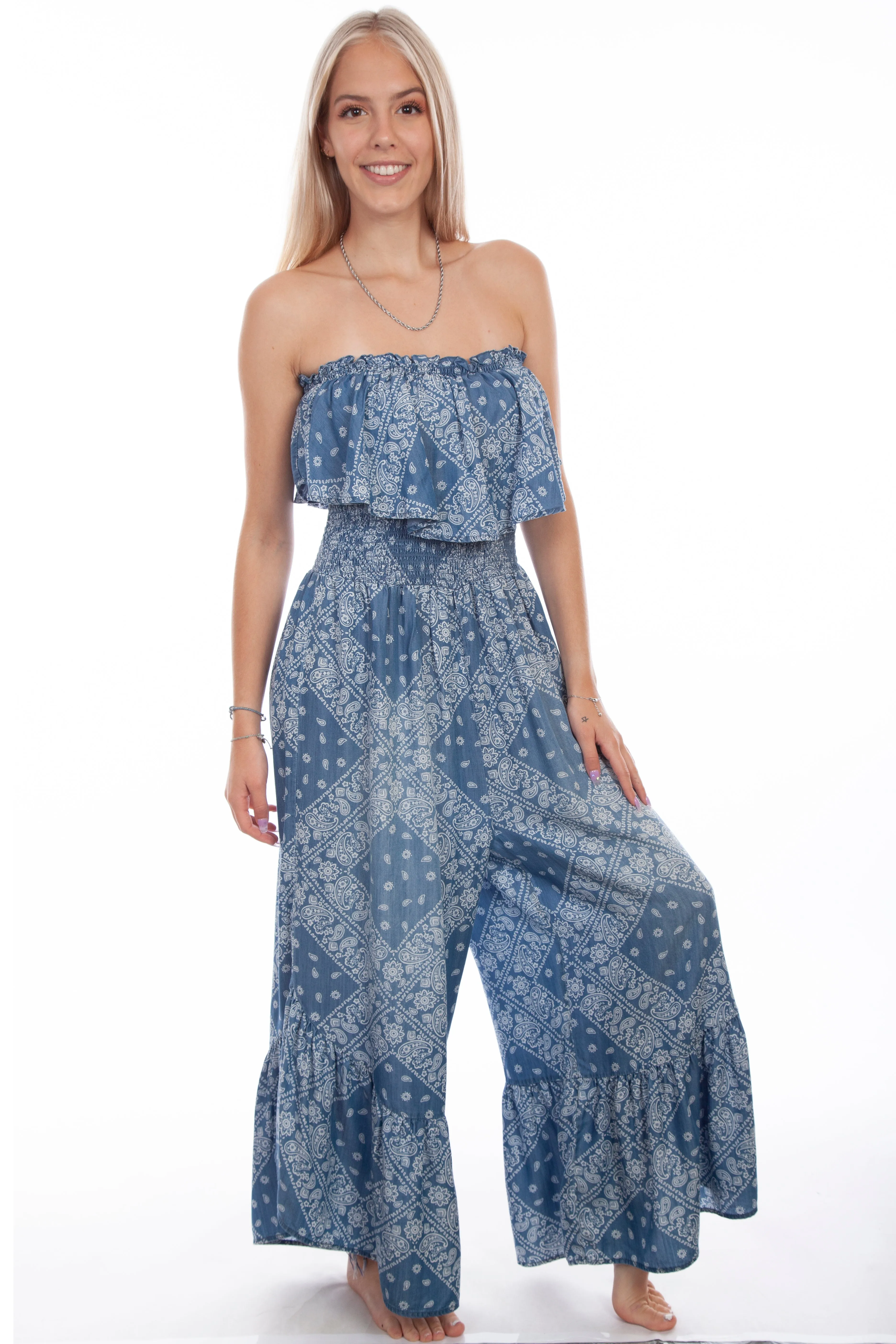 Ladies Bandana Paisley Printed Light Blue Jumpsuit by Scully at Bourbon Cowgirl