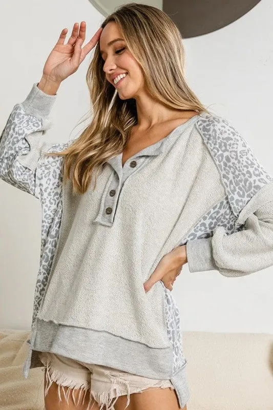 Leopard henry terry sweatshirt heather grey