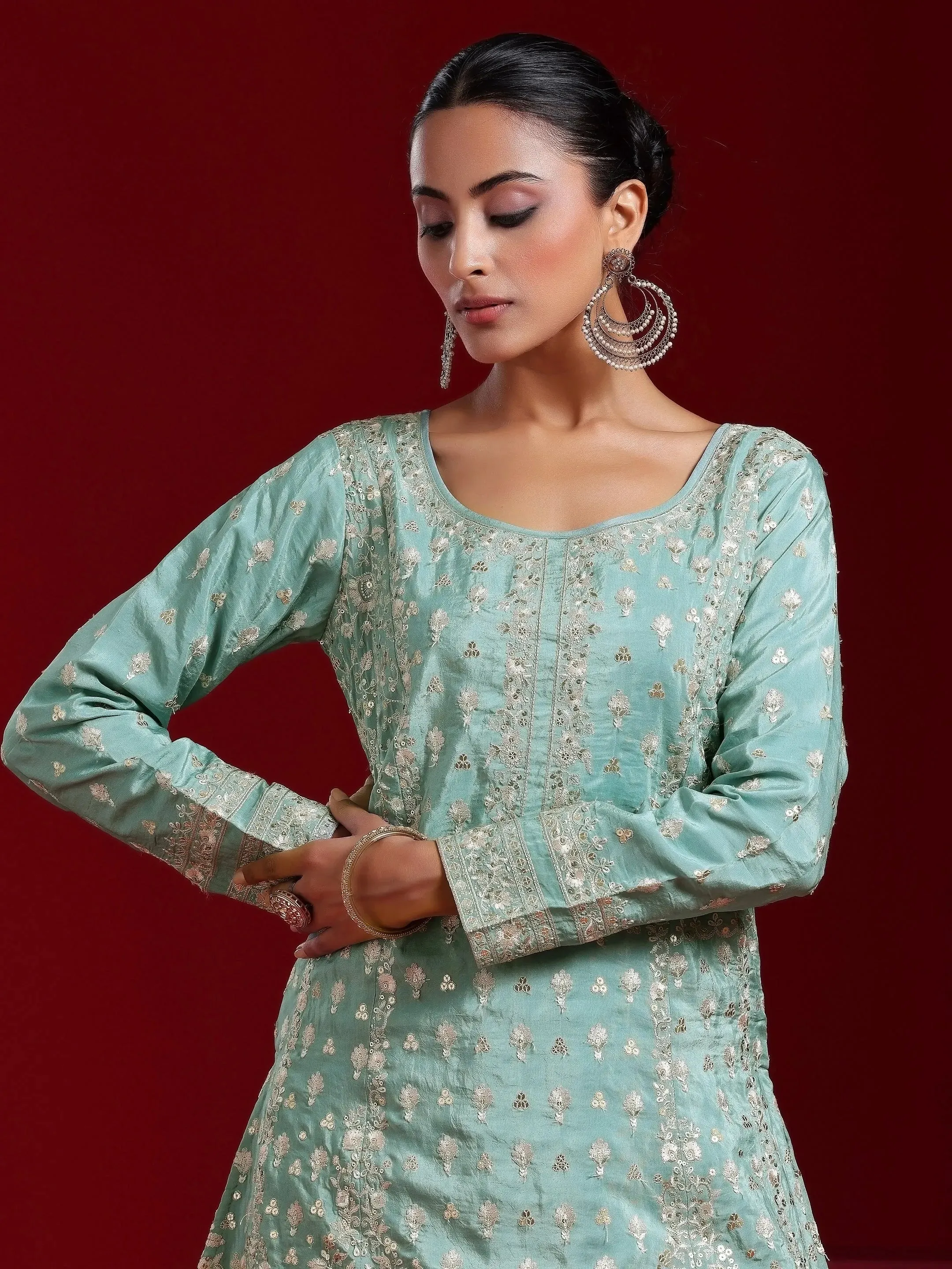 Libas Art Green Embroidered Silk Blend A-Line Kurta With Sharara & Dupatta