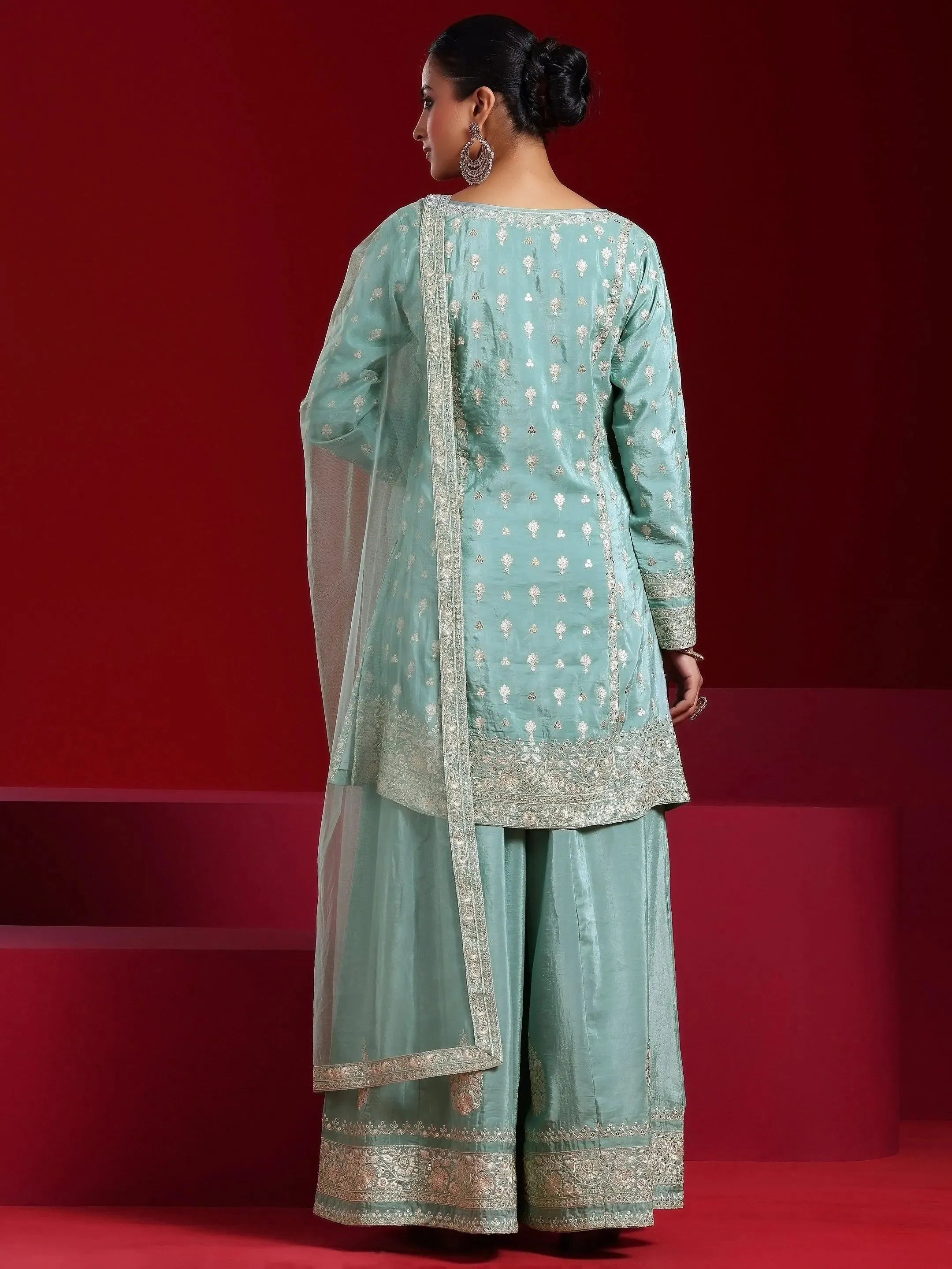 Libas Art Green Embroidered Silk Blend A-Line Kurta With Sharara & Dupatta