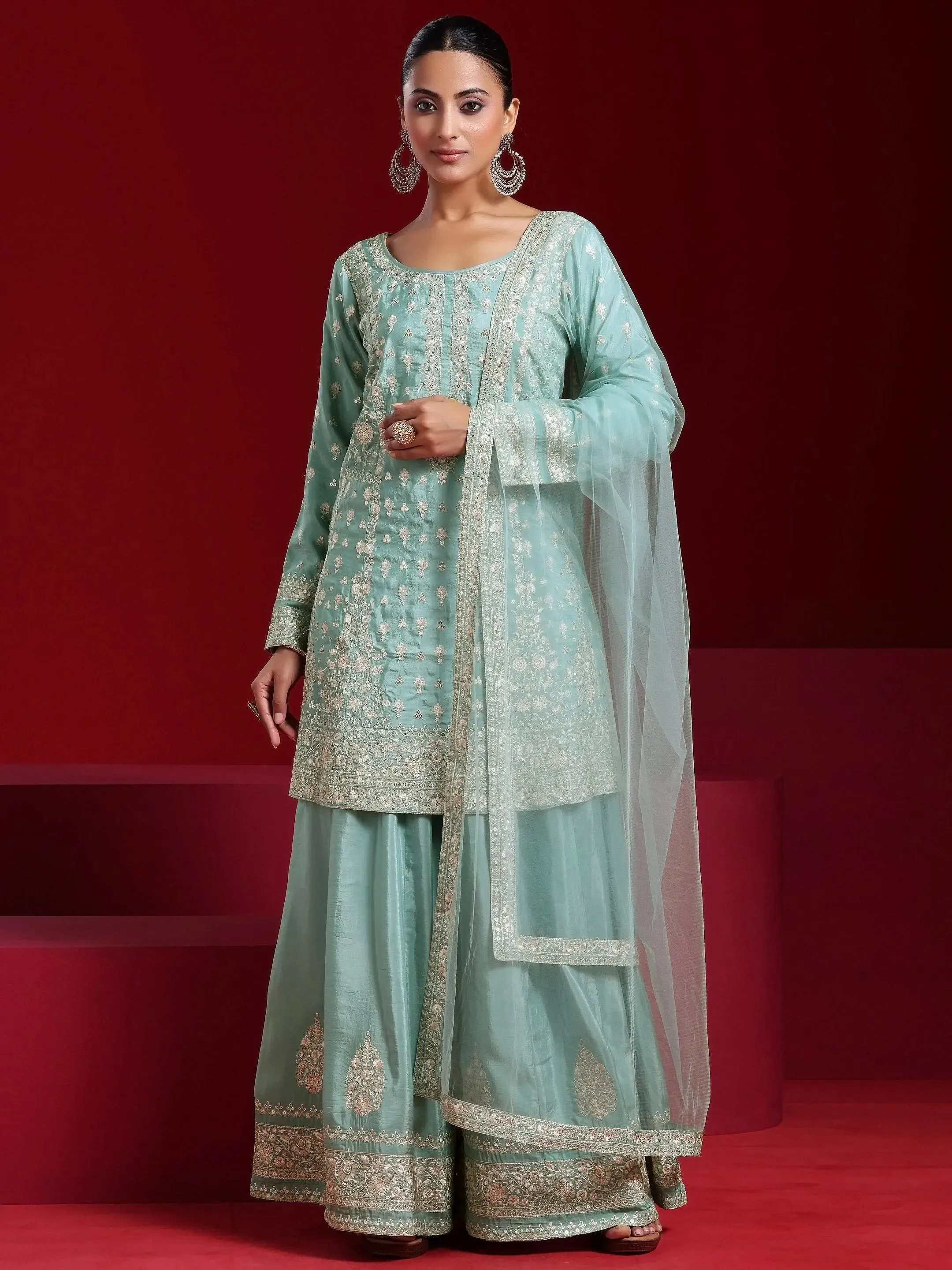 Libas Art Green Embroidered Silk Blend A-Line Kurta With Sharara & Dupatta