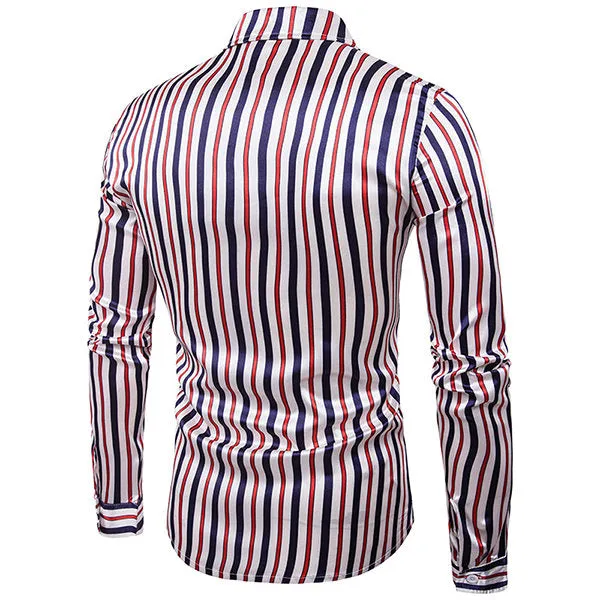 Long Sleeve Chest Pocket Designer Shirt for Men Glossy Silk Striped Casual Turn Down Collar