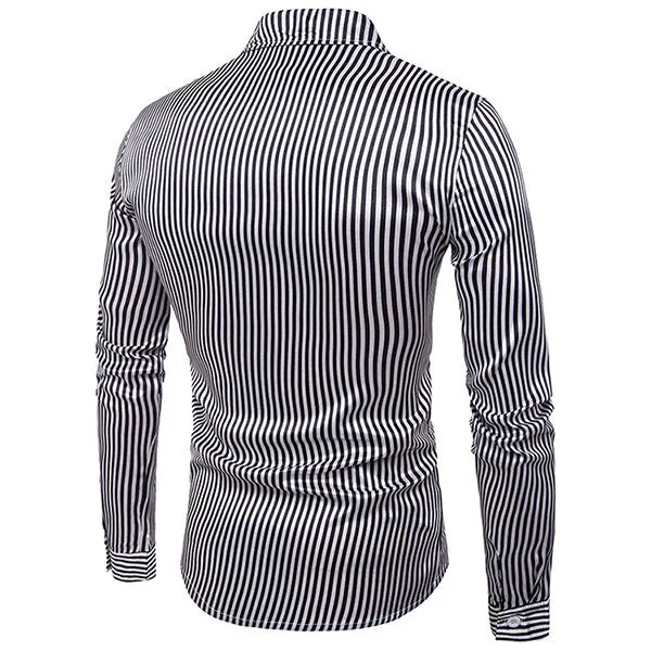 Long Sleeve Chest Pocket Designer Shirt for Men Glossy Silk Striped Casual Turn Down Collar