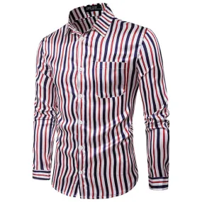 Long Sleeve Chest Pocket Designer Shirt for Men Glossy Silk Striped Casual Turn Down Collar