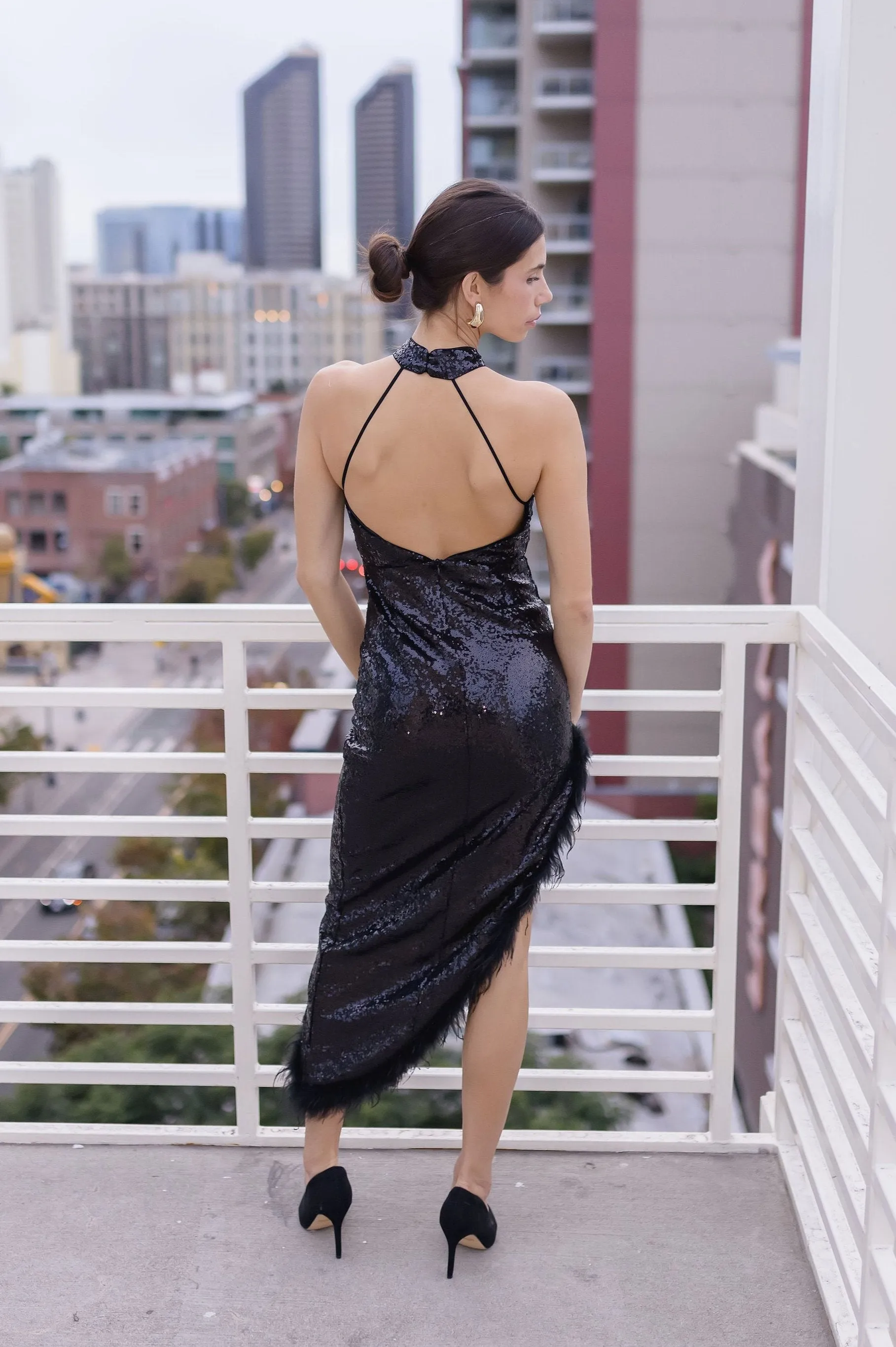 Luna Halter Sequin Feather Midi Dress Black