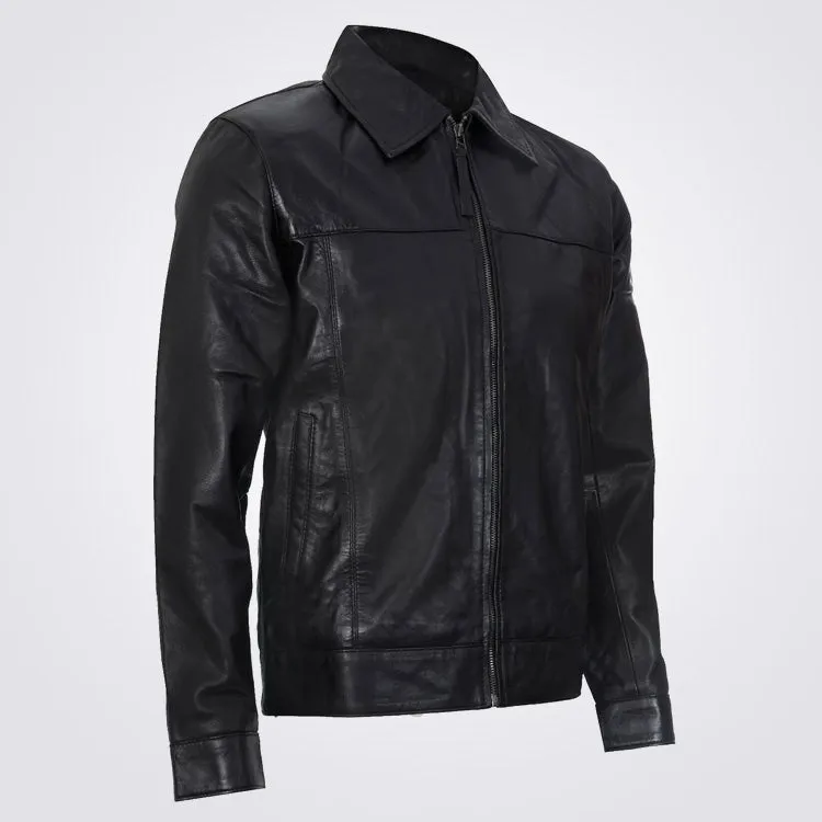 Men's Smart Black Genuine Leather Harrington Jacket