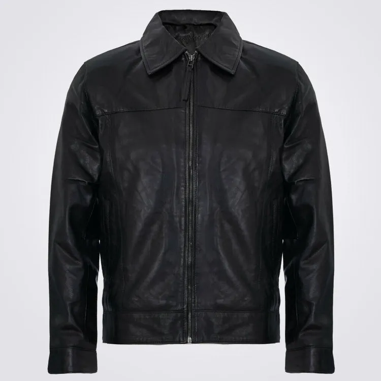 Men's Smart Black Genuine Leather Harrington Jacket